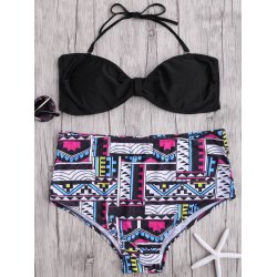 High Waisted Geometric Print Halter Bikini Swimwear - Black S
