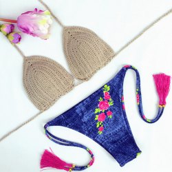 	 Halter Floral Printed Denim Crochet Bikini Set