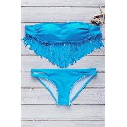 Strapless Fringed Trim Bikini Set - Azure